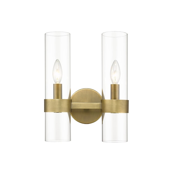 Datus 2 Light Wall Sconce, Rubbed Brass & Clear
